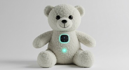 Soft plush teddy bear glows gently illuminated by subtle teal light. AI Generated