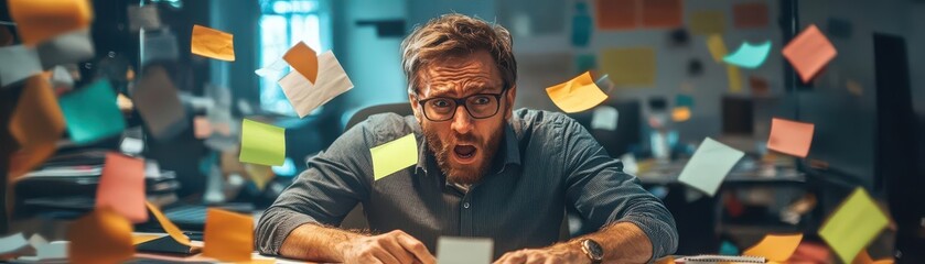 Frustrated man surrounded by colorful sticky notes in chaotic workspace