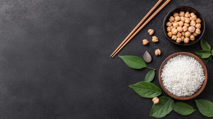 Obraz na płótnie Canvas Healthy Asian Food Ingredients Rice, Chickpeas, Chopsticks, and Green Leaves on a Black Background.