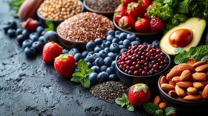 Professional close up look of healthy superfoods on a clean background with lots of white space