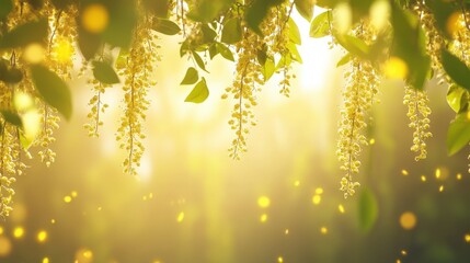 Obraz premium A serene scene of hanging flowers illuminated by golden sunlight, creating a tranquil and enchanting atmosphere.