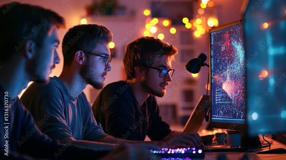Aufkleber young male programmers collaborating in a dimly lit workspace during a coding session at night, grou