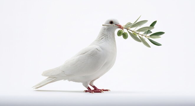 White Dove Gently Holds Olive Branch Hope Symbol. AI Generated