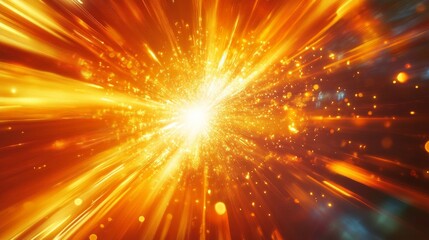 Obraz premium Cosmic explosion depicting a vibrant burst of energy and light, emanating from a central point with radiating streaks in hues of yellow, orange, red, and blue, set against a dark background, symbolizi