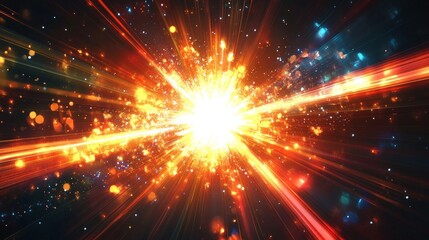 Obraz premium Cosmic explosion depicting a vibrant burst of energy and light, emanating from a central point with radiating streaks in hues of yellow, orange, red, and blue, set against a dark background, symbolizi