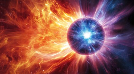 Fototapeta premium Artistic representation of a glowing atomic sphere, surrounded by dynamic energy fields in vibrant shades of blue and red, showcasing the concept of atomic structure, energy interactions, and physics-