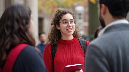 Fototapeta premium A smiling young woman engages in conversation with peers outside, wearing a red sweater, suggesting a friendly and social atmosphere.
