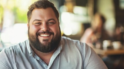 Obraz premium A smiling man with a beard sits in a cafe, exuding warmth and happiness in a lively atmosphere filled with people.