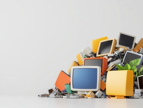 A pile of discarded, colorful computer monitors with some greenery, showcasing electronic waste and environmental concerns.