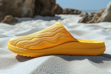 Yellow sandal on sunny beach sand with ocean background