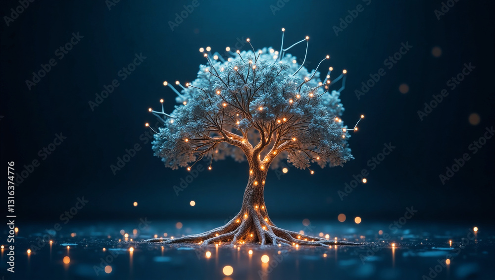 Poster a stylized tree composed of interconnected lines and nodes, resembling a neural network or data visu