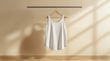White Tank Top Hanging on Wooden Hanger in Beige Room