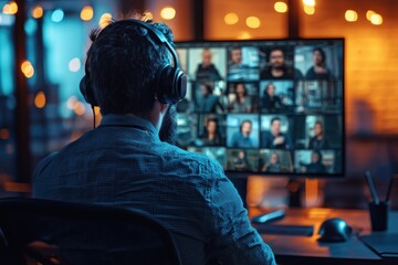 Person in Headphones Works Remotely, Video Conference on Screen