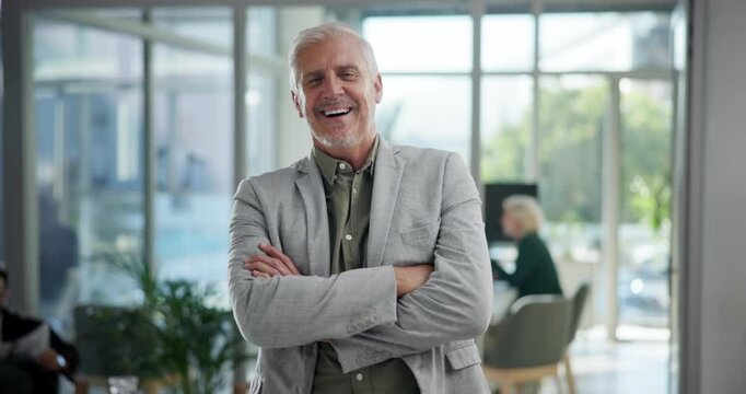 CEO, face and business man with arms crossed in office with chief investment officer at hedge fund. Portrait, financial manager and happy executive, confident director or mature professional laughing