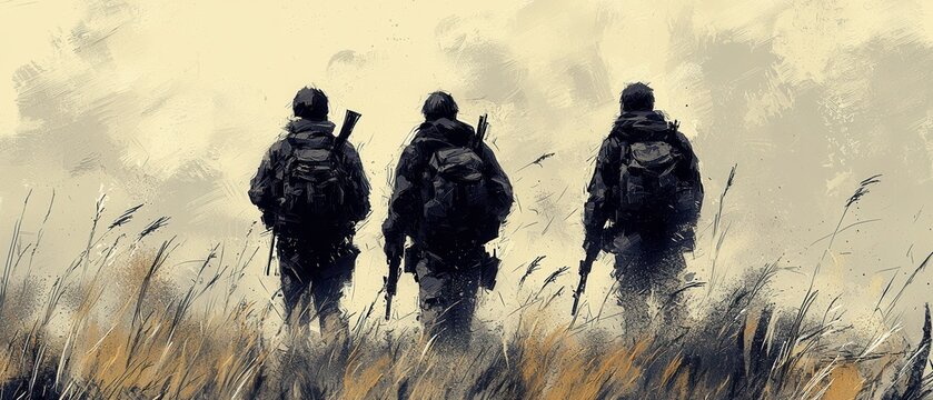 Three soldiers, shrouded in the shadows of the tall grass, stand in a silent sentinel, their backs turned to each other. Each wields a weapon and wears the attire of a seasoned warrior. 