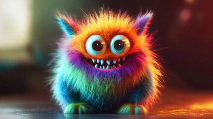 Fototapeta premium A charmingly vibrant, endearingly fluffy cute monster with a contagious smile, pastel colored and glowing with joy