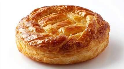 A single, golden pastry puff, adorned with a solitary, salted mushroom, sits majestically on a pristine white background, its flaky crust inviting exploration.