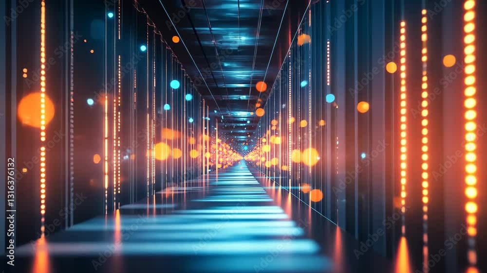 Poster illuminated futuristic corridor featuring glowing data strands in a digital landscape, abstract futu