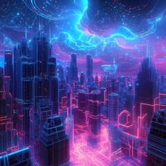 Fototapeta premium A vibrant close-up of a bustling cityscape at night, showcasing a multitude of towering buildings adorned with colorful neon lights, reflecting the lively urban atmosphere.