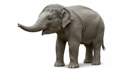 Fototapeta premium Adorable baby elephant playfully poses against a bright white background. AI Generated