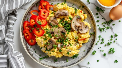 Scrambled eggs with mushrooms and red peppers on a white plate