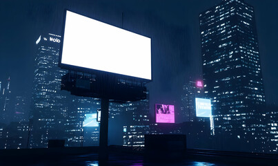 Obraz premium Urban Nightscape with Billboard and Rainy Atmosphere in City