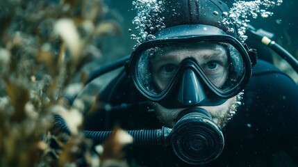 Scuba Diver Wearing Wetsuit Holding Diving Mask with Underwater Scene in Background
