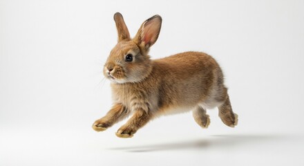 Obraz premium Adorable brown bunny rabbit leaps gracefully against bright white background. AI Generated