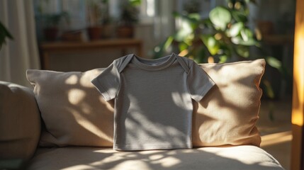 Gray Baby T-Shirt on Beige Sofa with Sunlight