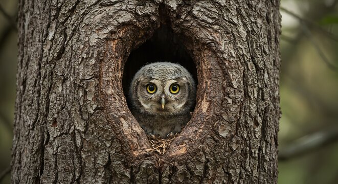 Curious owl peeks softly from deep tree hollow bathed in dappled sunlight. AI Generated