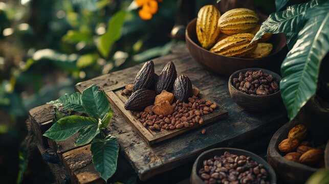 On a rustic wooden table, artfully arranged ceremonial cacao chunks and cocoa beans, surrounded by vibrant tropical leaves and earthy textures, bathed in soft natural light, exuding an aura of warmth