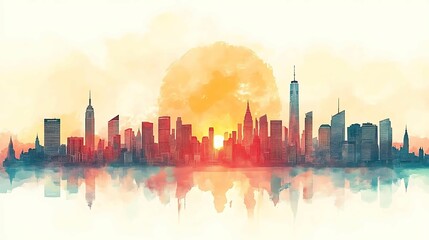 Obraz premium Colorful skyline at sunset with reflection.