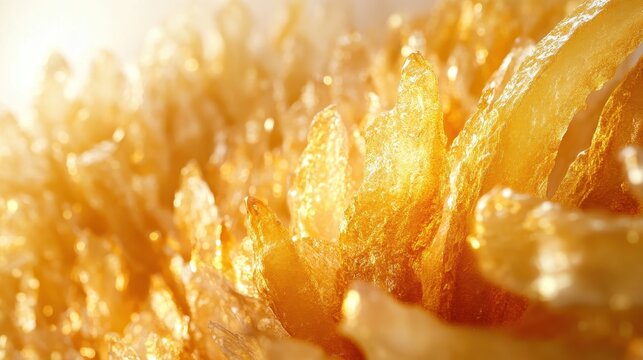 A golden cascade of crispy French fries, bathed in the soft glow of a white background, inviting viewers to indulge in a classic culinary delight.