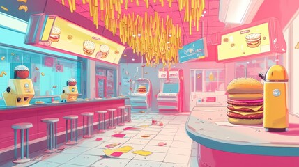 A brightly colored diner featuring a burger and arcade games