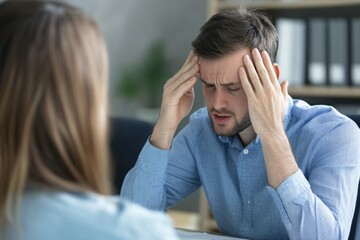 In a corporate office, a psychologist is engaged in a conversation with a stressed employee, offering strategies for stress management and support. The setting highlights workplace challenges
