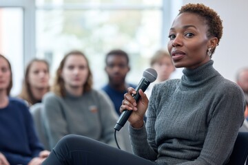 A psychologist delivers insights on mental health awareness while holding a microphone at a community event. The engaged audience listens attentively, fostering an open dialogue