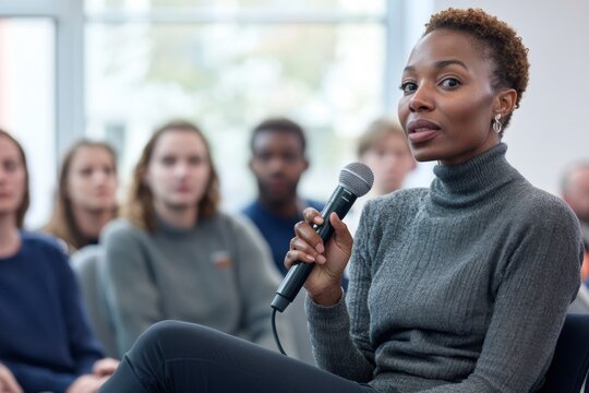 A psychologist delivers insights on mental health awareness while holding a microphone at a community event. The engaged audience listens attentively, fostering an open dialogue