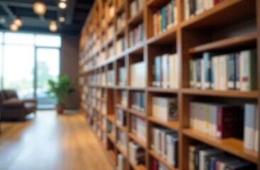 A blurry background. The background is a large book shelf or book case on the wall