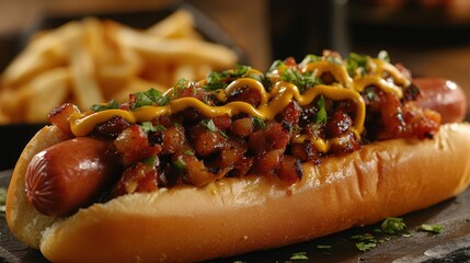 A classic hot dog, its glistening casing cradling a juicy sausage, adorned with a generous dollop of tangy mustard, a culinary masterpiece that embodies comfort food at its finest.