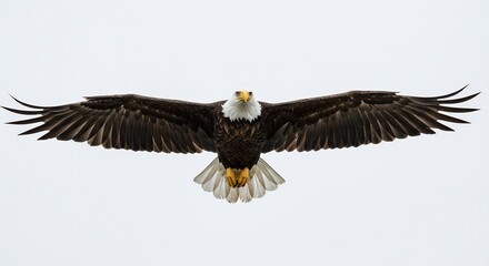 Fototapeta premium Majestic eagle powerfully soars overhead against a bright sky. AI Generated