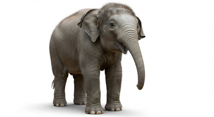 Obraz premium Adorable baby elephant stands against bright white background. AI Generated