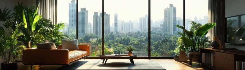 Chic mid-century modern apartment featuring expansive floor-to-ceiling windows and stylish interior design.