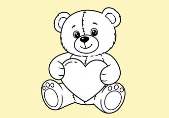 Fototapeta premium Adorable teddy bear gently holds heart soft line art illustration. AI Generated