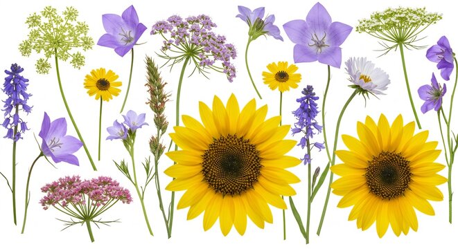 Vibrant wildflowers bloom brightly against a stark white background. AI Generated