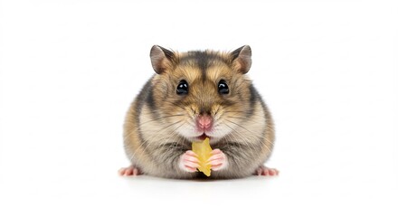 Adorable hamster happily munches tasty treat against bright white background. AI Generated