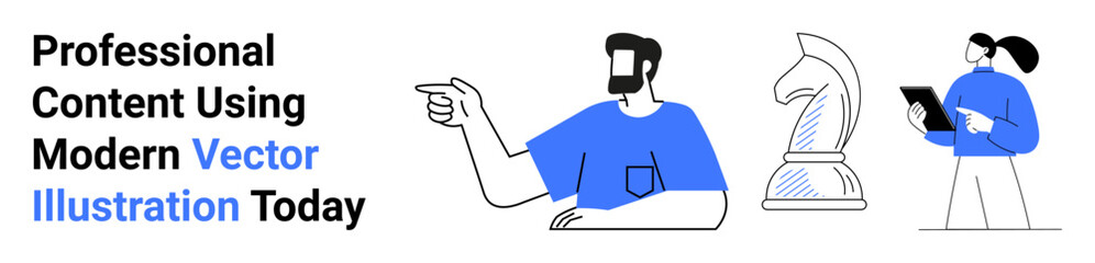 Man gesturing, woman holding tablet, chess knight as strategy metaphor. Ideal for teamwork, planning, creativity, learning, leadership, communication flat landing page banner