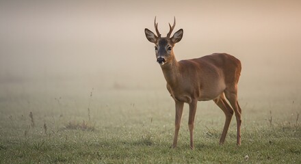 Obraz premium Majestic roe deer stands gracefully in soft morning mist. AI Generated