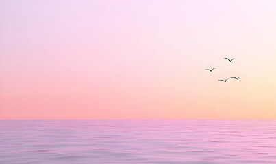 Serene Ocean Sunset with Soft Colors and Flying Birds in Sky