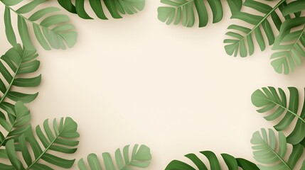 Green Tropical Leaves Frame on Beige Background