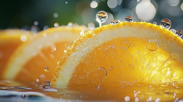 Acidic citrus wedges glistening droplets sunny disposition 